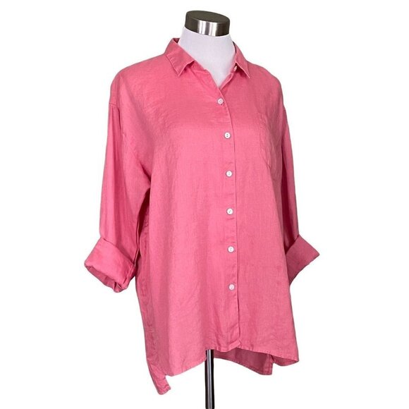 J Jill Love Linen Easy Shirt Sz M Begonia Pink Long Sleeve Relaxed Fit Top - Picture 5 of 7